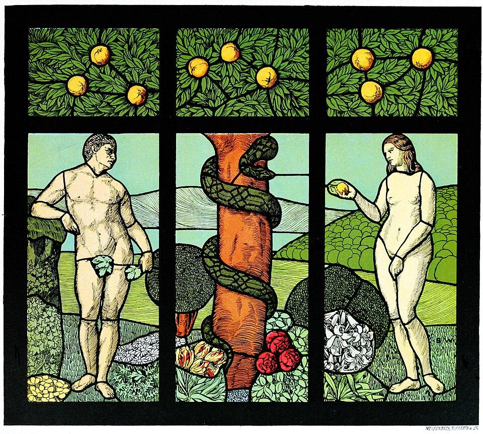 Imagem d eum vitral do Adão, Eva, a serpente e o fruto proibido