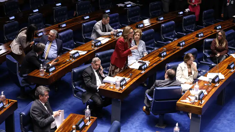 Imagem de uma plenária da Câmara dos Senadores comuma mulher falando no microfone