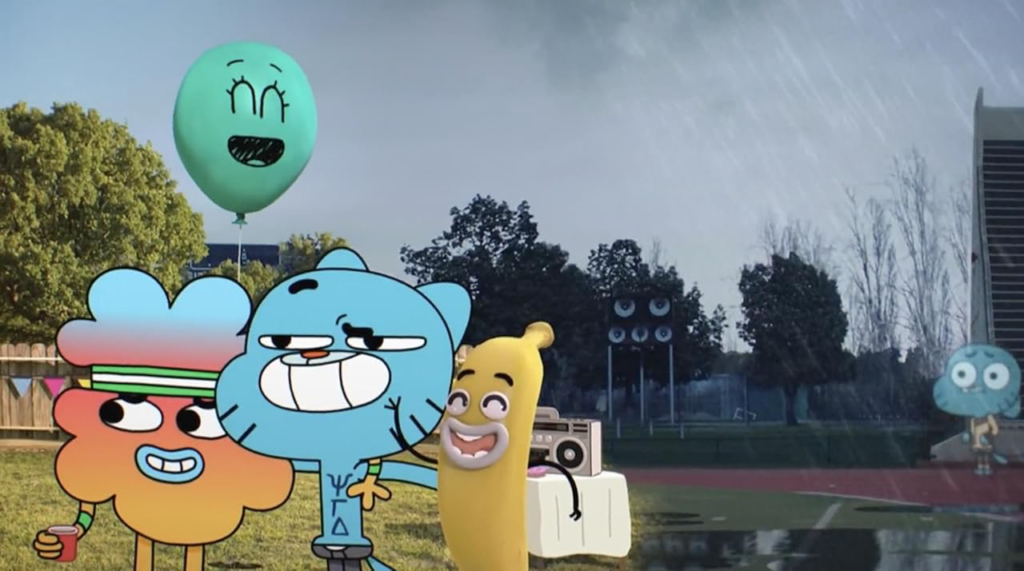 A imagem apresenta diferentes perosonagens de O Incrível Mundo de Gumball se apbraçando em um dia ensolarado. As personagens são caracterizadas por seres com careacteristicas hgumanóides de um balão, uma banana, um rádio e um gato