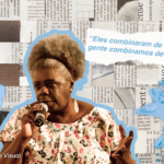 Conceição Evaristo como figura central com o recorte da frase, Eles combinaram de nos matar, Nós combinamos de não morrer em Oswald ; ao fundo pequenos recortes de jornais com flores brancas, com preferência a paleta de cores branca e azul claro que remetem ao livro.