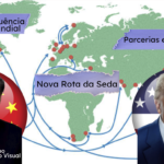 Na imagem, o presidente da China Xi-Jinping e o presidente dos Estados Unidos, Donald Trump com o mapa mundi ao fundo