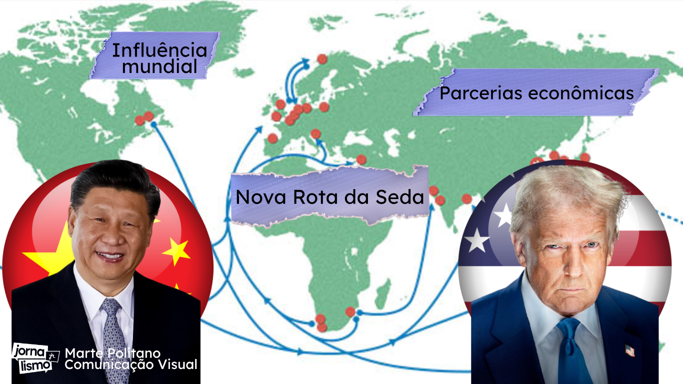 Na imagem, o presidente da China Xi-Jinping e o presidente dos Estados Unidos, Donald Trump com o mapa mundi ao fundo