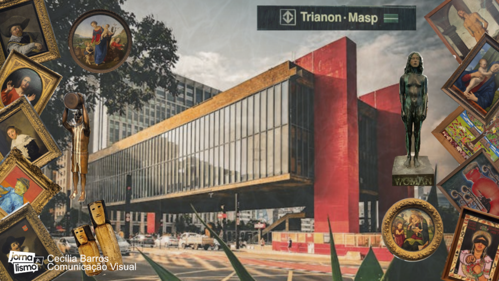 fotomontagem em que demonstra o MASp co =om predominãncia e apresenta suas obras mais notáveis (como as de van gogh) contornando o museu