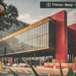 fotomontagem em que demonstra o MASp co =om predominãncia e apresenta suas obras mais notáveis (como as de van gogh) contornando o museu