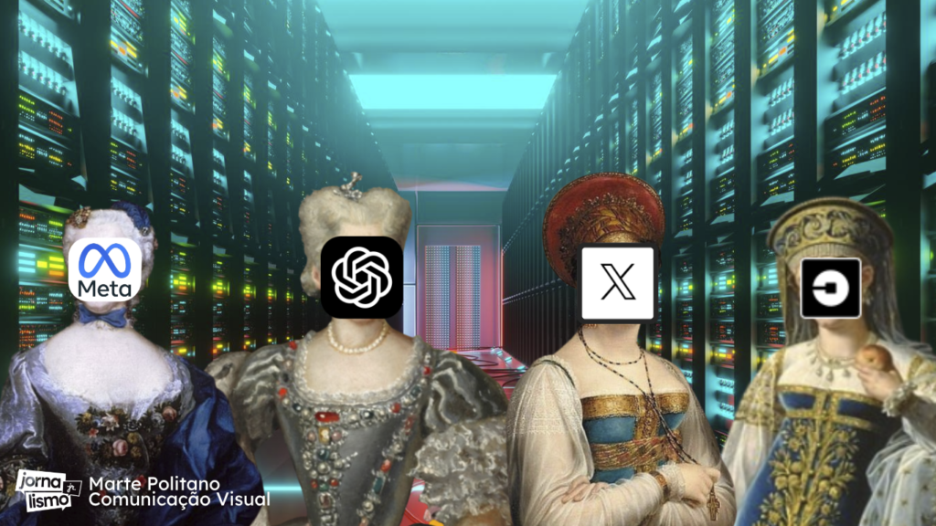 Na imagem, uma montagem de mulheres inglesas com faces de redes sociais, demonstrando o tecnofeudalismo
