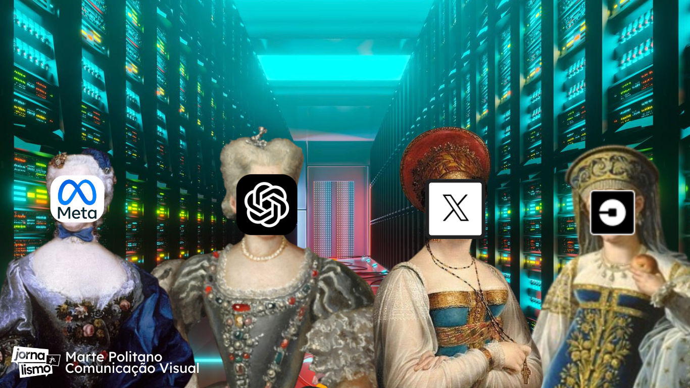 Na imagem, uma montagem de mulheres inglesas com faces de redes sociais, demonstrando o tecnofeudalismo