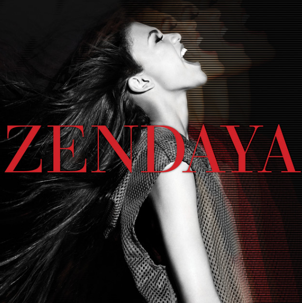 Capa de álbum musical em formato quadrado com a artista Zendaya em perfil. Ela aparece do peito para cima, com a cabeça inclinada para trás e a boca aberta em um grito ou canto expressivo. Seus cabelos longos e escuros estão soltos e esvoaçantes, projetando-se para o lado esquerdo da imagem. Ela veste uma peça sem mangas de malha perfurada cinza. À direita do seu rosto, há um efeito gráfico de repetição de sua silhueta com linhas horizontais. Sobreposto ao centro da imagem, o nome "ZENDAYA" está escrito em letras maiúsculas vermelhas em fonte clássica serifada.