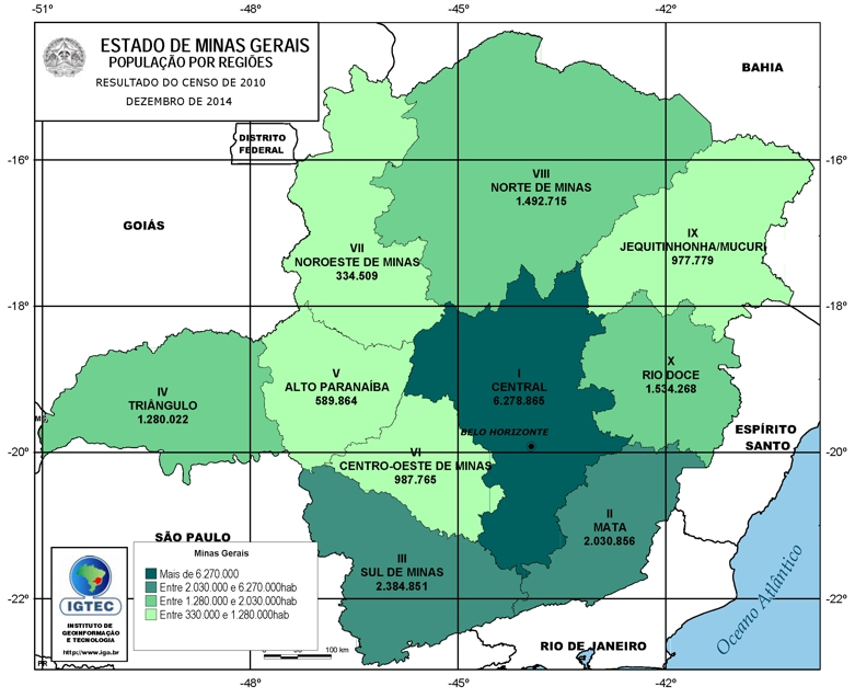 Mapa verde das regiões do estado de Minas Gerais