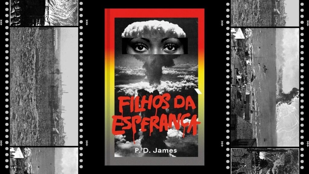 Montagem com frames de câmera nas laterais e, ao centro, a capa do livro "filhos da esperança".