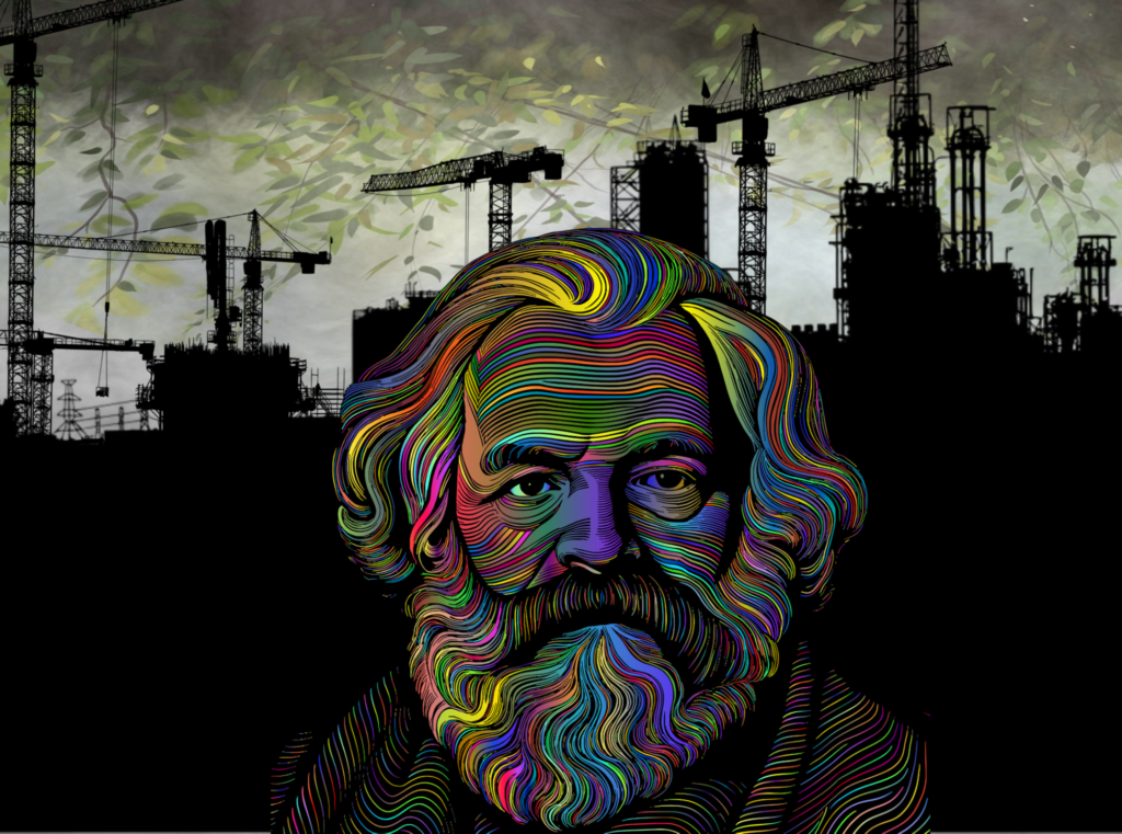 Com um cenário de uma indústria ao fundo, um desenho de Karl Marx colorido se localiza na frente.