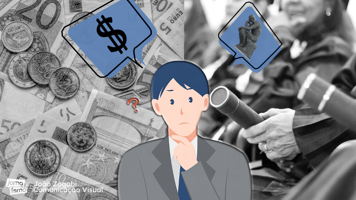 Na imagem, uma ilustração de um jovem ao centro em dúvida entre o diploma uniersitário e uma vida financeira falsa