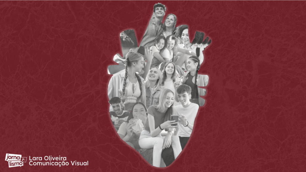 Montagem de um grupo de jovens dentro da forma de um coração