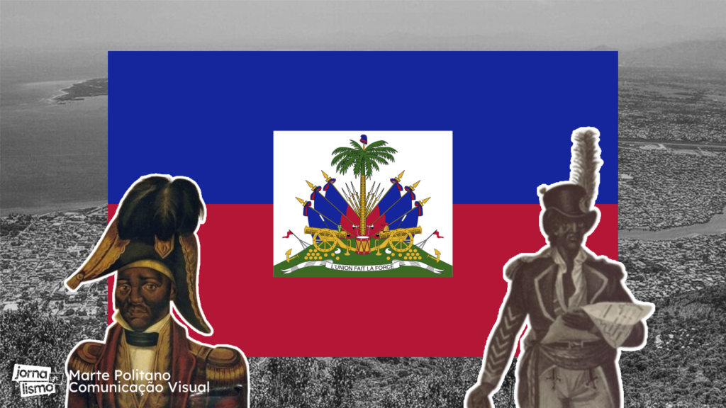 Na imagem, uma bandeira do Haiti ao centro e dois líderes da Revolução Haitina do lado esquerdo e direito