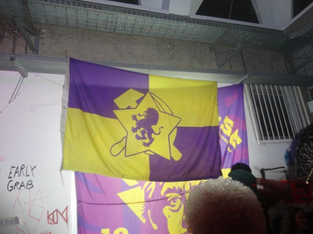 Bandeira amarela e roxa com um leão no meio