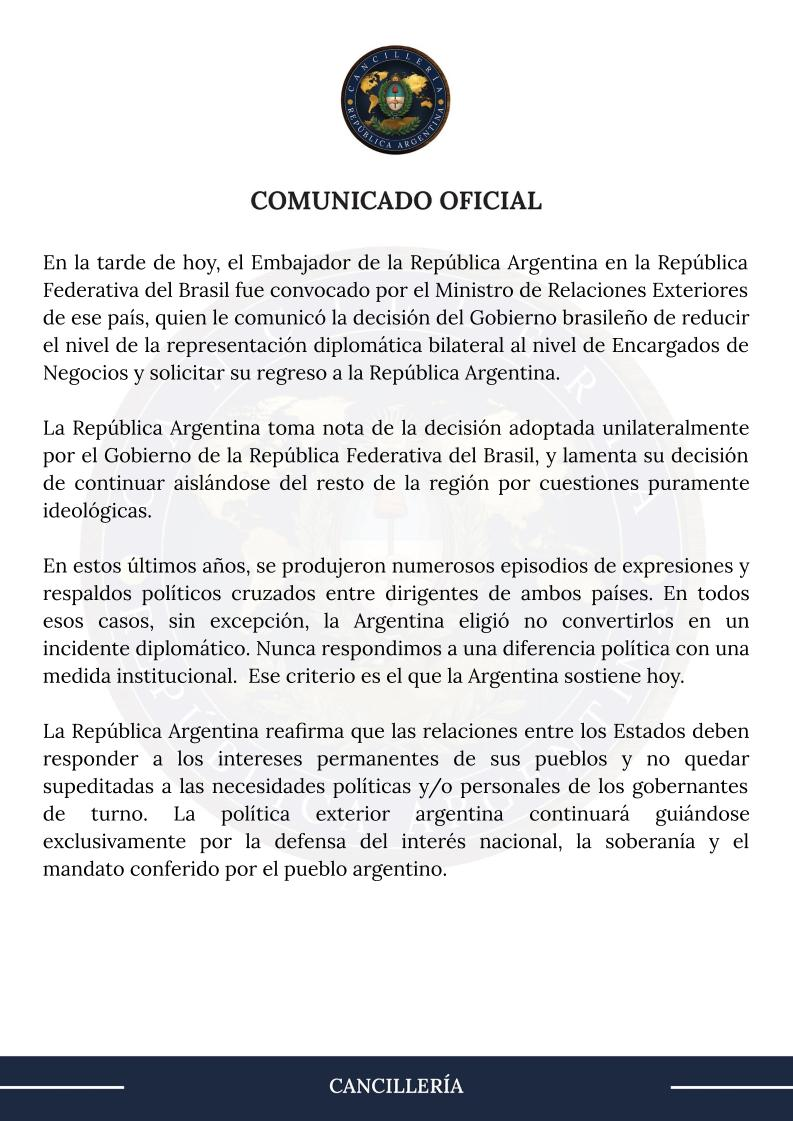 Na imagem, Nota publicada no perfil oficial da Chancelaria Argentina via X