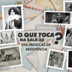 Colagem no formato de selos postais com fotos de artistas e movimentos de músicas de resistência para o podcast O Que Toca Na Sala 33.