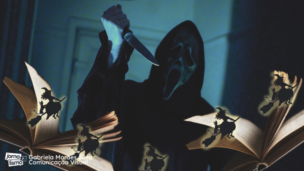 Elementos que remetem ao Halloween, como o Ghostface, do filme Pânico, e bruxas saindo de livros.