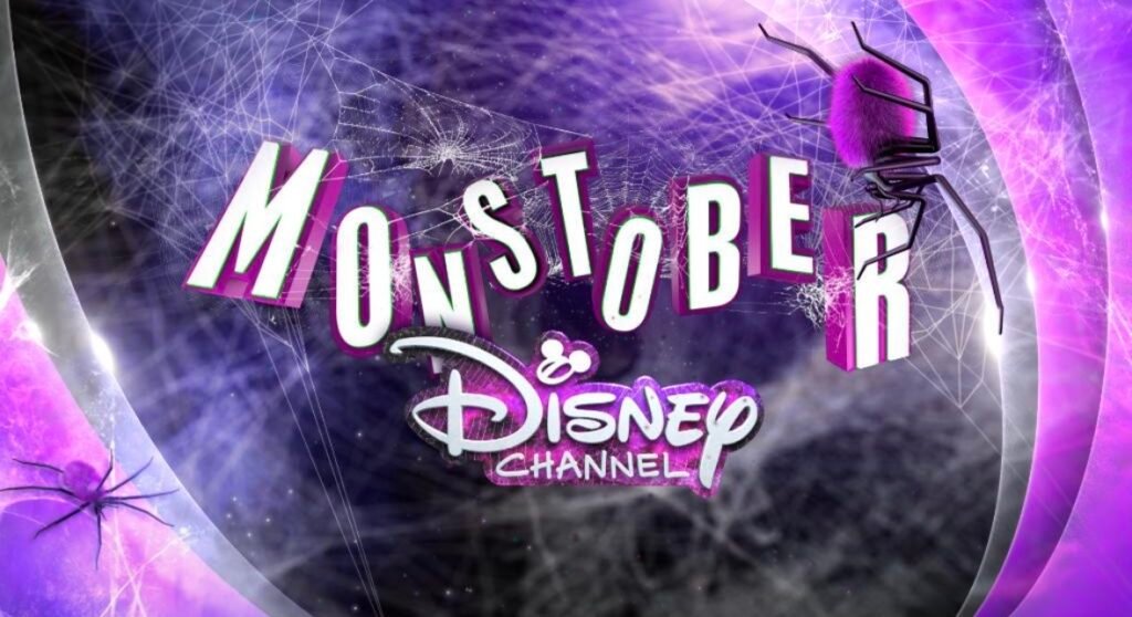 Logotipo promocional do especial Monstober do Disney Channel com teias de aranha e aranhas roxas.