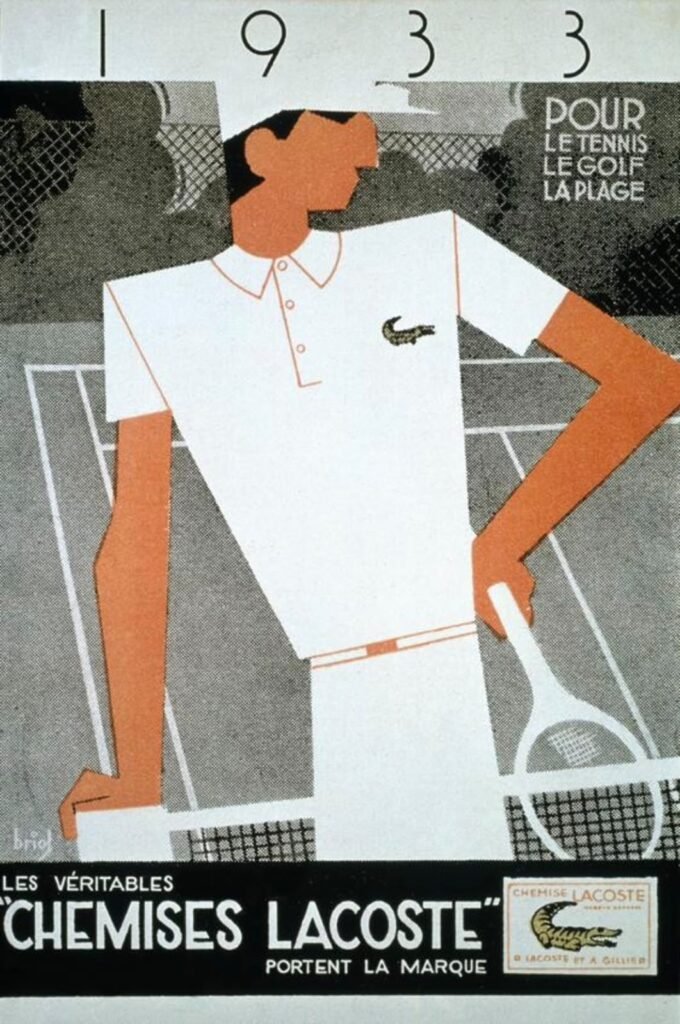 Poster da Lacoste mostra a ilustração de um tenista em frente a uma quadra utilizando uma camisa polo branca com um crocodilo bordado