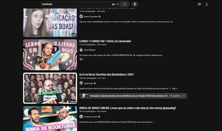 Print de tela do YouTube com diversos vídeos sobre booktube