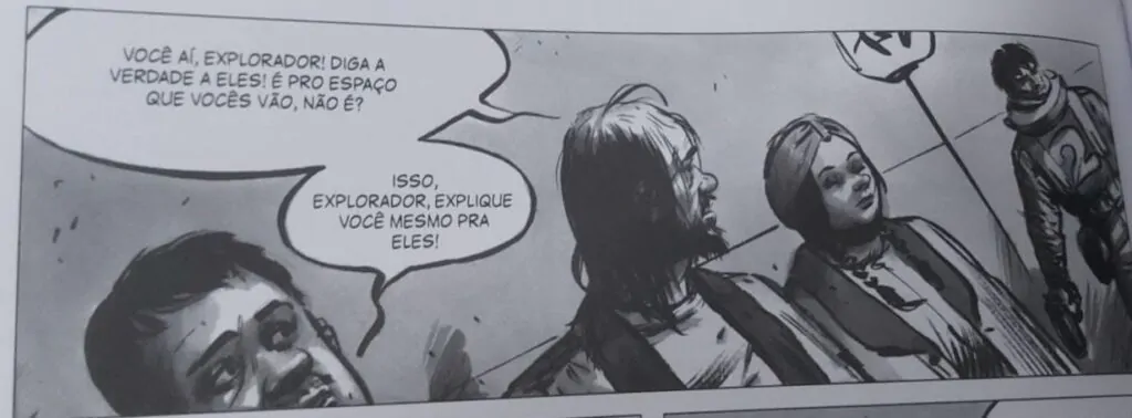 Trecho de "O Perfuraneve" com quatro pessoas (recorte de cabeça), uma delas diz "Você aí, explorador! Diga a verdade a eles! É pro espaço que vocês vão, não é?" e outra pessoa completa "Isso, explorador, explique você mesmo pra eles!"