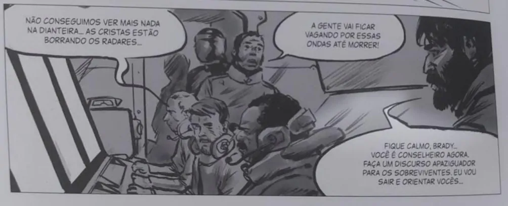 Trecho de "O Perfuraneve" da central de comando da locomotiva, um dos funcionários diz "Não conseguimos ver mais nada na dianteira... as crises estão borrando os radares...", outro diz "A gente vai ficar vagando por essas ondas até morrer!" e um homem quase fora da imagem diz "Fique calmo, Brady... você é conselheiro agora. Faça um discurso apaziguador para os sobreviventes. Eu vou sair e orientar vocês..."