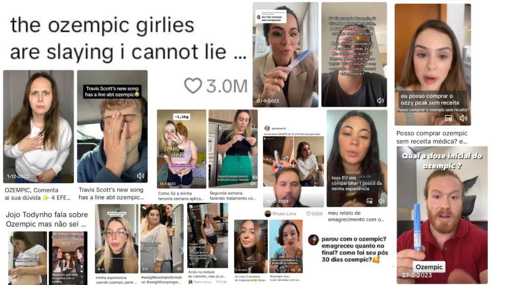 Captura de tela de vídeos do TikTok sobre Ozempic