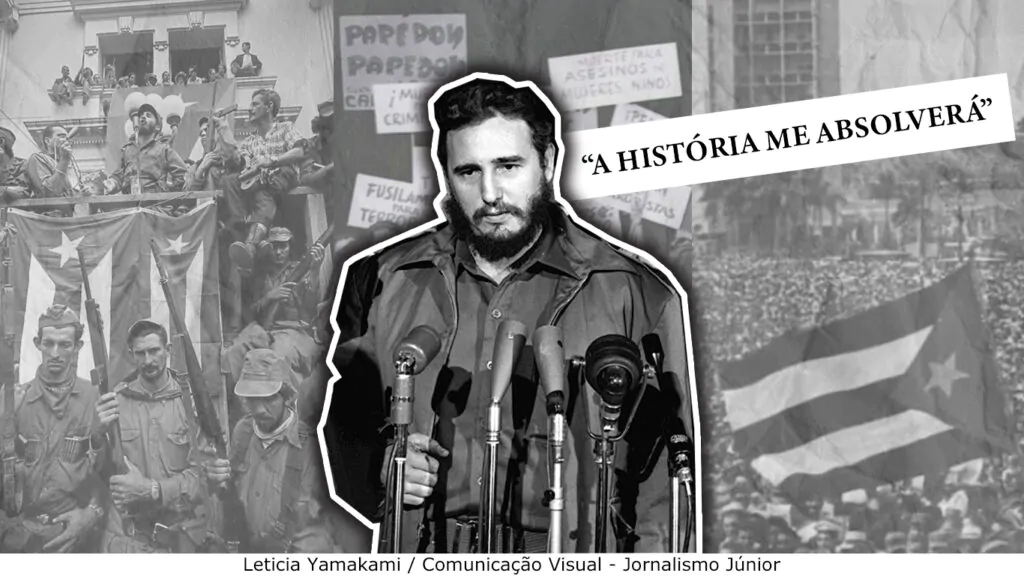 Imagem de Fidel Castro em preto e branco, com a frase "a história me absolverá" à esquerda.