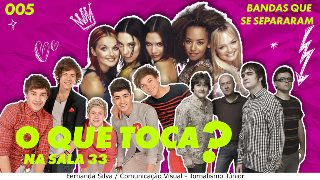 Em uma montagem feita por Fernanda Silva aparecem One Direction, Skank e Spice Girl sobre um fundo rosa