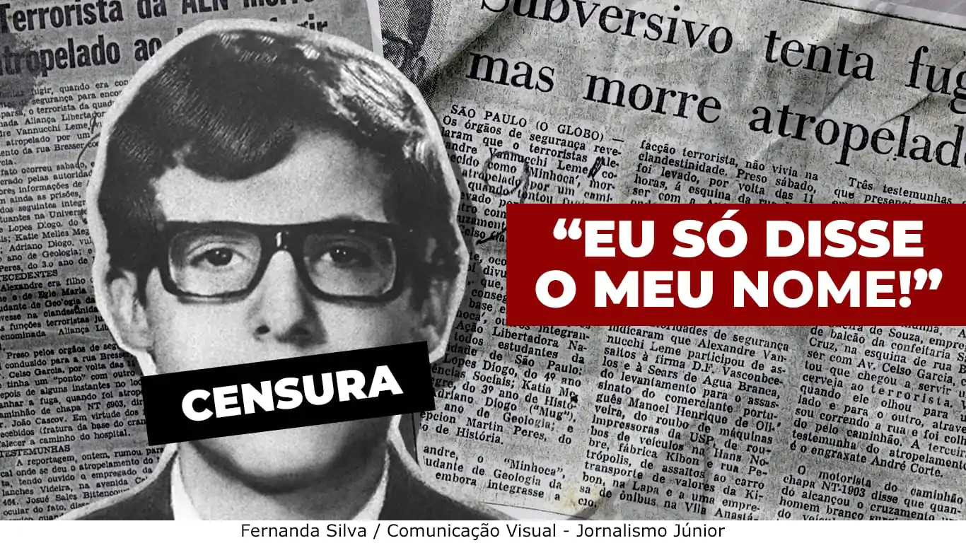 arte de alexandre vannuchi leme com a palavra "censura" tampando sua boca