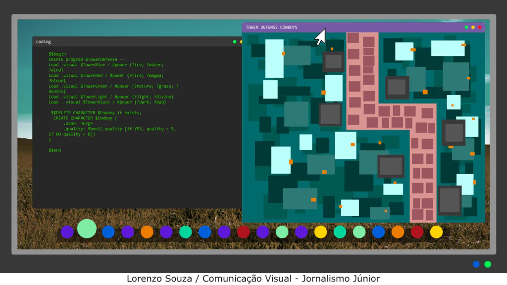 a imagem mostra elementos de videogames que remetem ao jogo mechanines tower defense, criado por estudantes da PUC, que está concorrendo à duas categorias da Gamescom