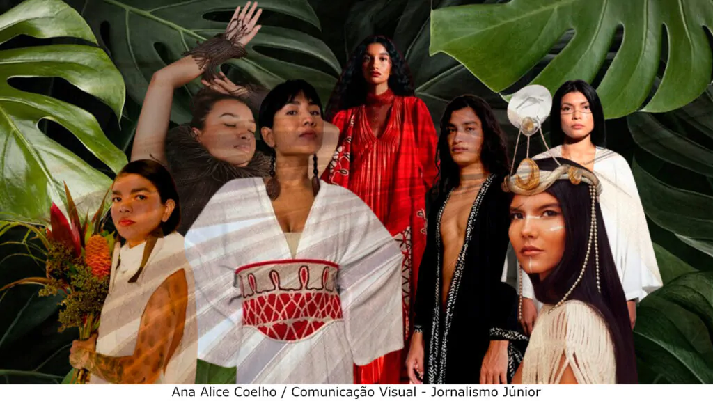 Colagem de pessoas indígenas, dando ênfase às vestimentas e aos acessórios. AO fundo, existem folhas verdes.