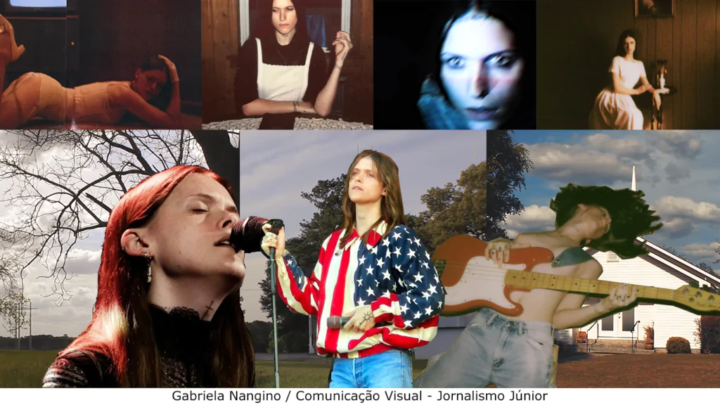 A imagem mostra a cantora melancólica Ethel Cain, ao centro, vestindo uma jaqueta com a bandeira dos Estados Unidos.