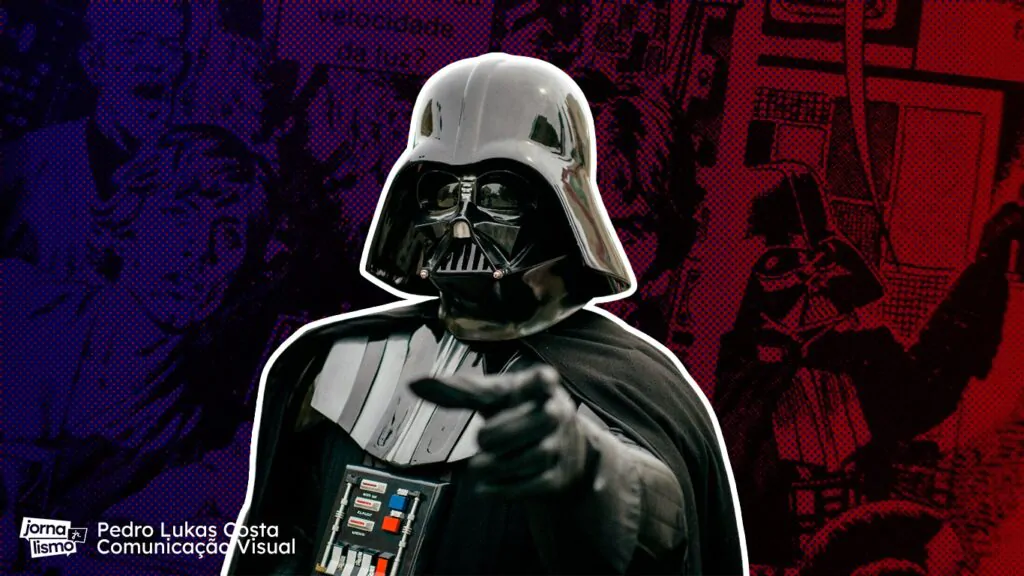 Imagens modificadas do Darth Vader com fundo de cena de quadrinho de Star Wars colorido de azul para vermelho