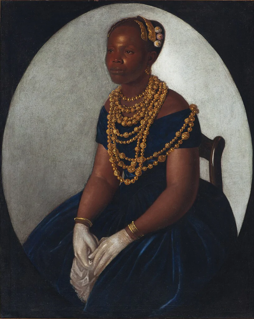 Ilustração de uma mulher negra, com jóias que aparentam ser de ouro e um vestido azul e luvas brancas.