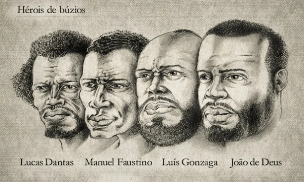 Ilustração dos líderes da Conjuração Baiana: Lucas Dantas, Manuel Faustino, Luís Gonzaga e João de Deus.