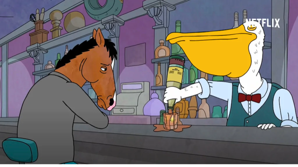 Bojack deprimido tomando uma bebida alcoólica no bar. 