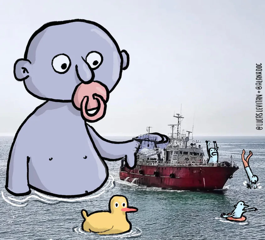 Fotografia de um navio no mar. Foram adicionadas ilustrações na figura, como um bebê lilás gigante (que brinca com o bebê), uma pessoa azul no navio, outra mergulhando e a última nadando. Também há um patinho amarelo.