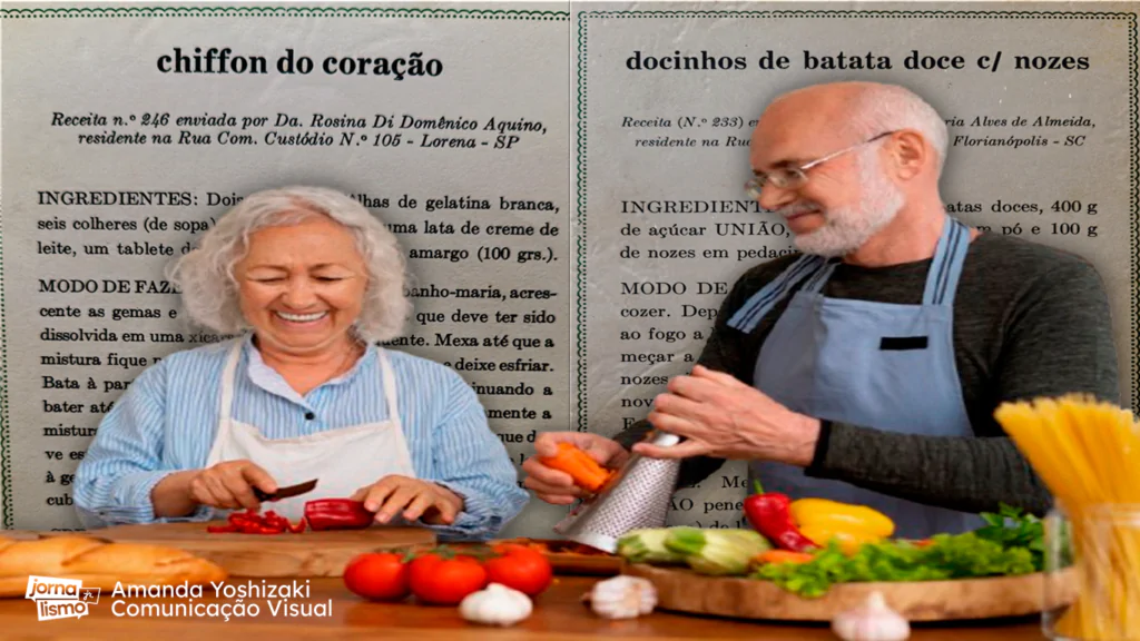Colagem com dois idosos cozinhando. Ao fundo, há um pedaço de receita.