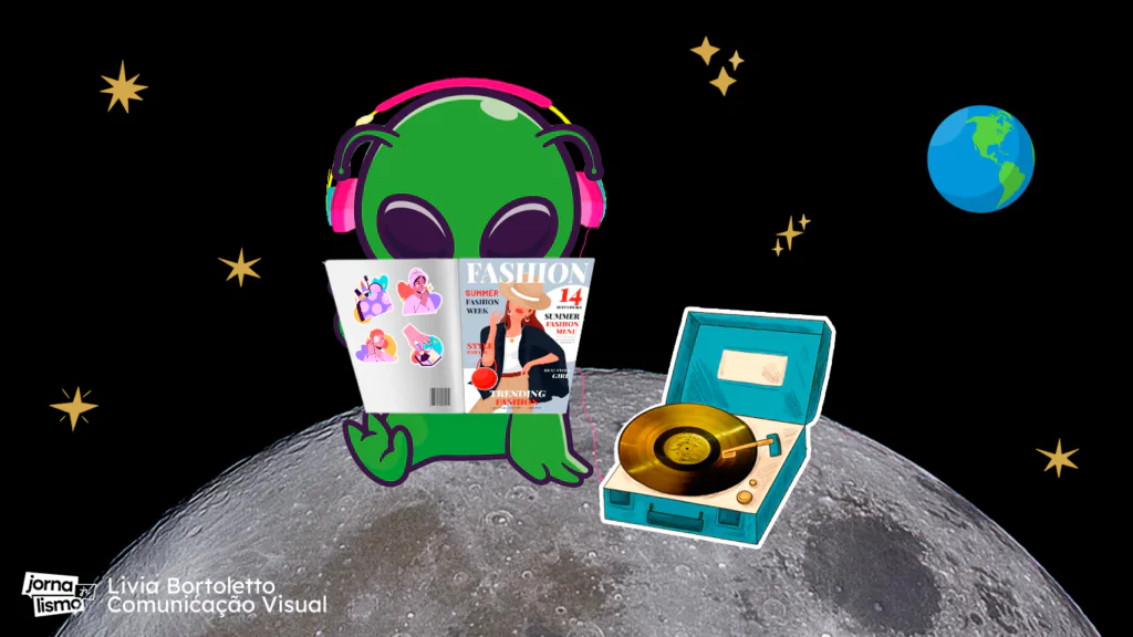 Ilustração de alienígena lendo revista de moda e escutando disco de ouro enviado ao espaço