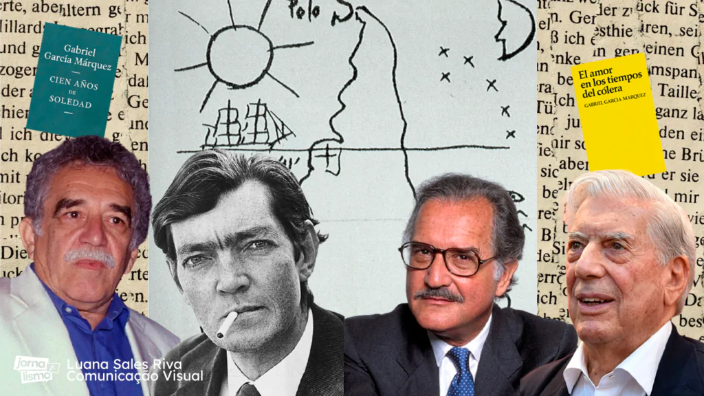 Autores do boom latino-americano. Ao fundo, está a imagem da América Latina Invertida.