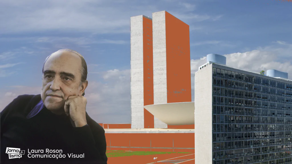 Colagem da Praça dos Três Poderes, em Brasília, e Oscar Niemeyer.