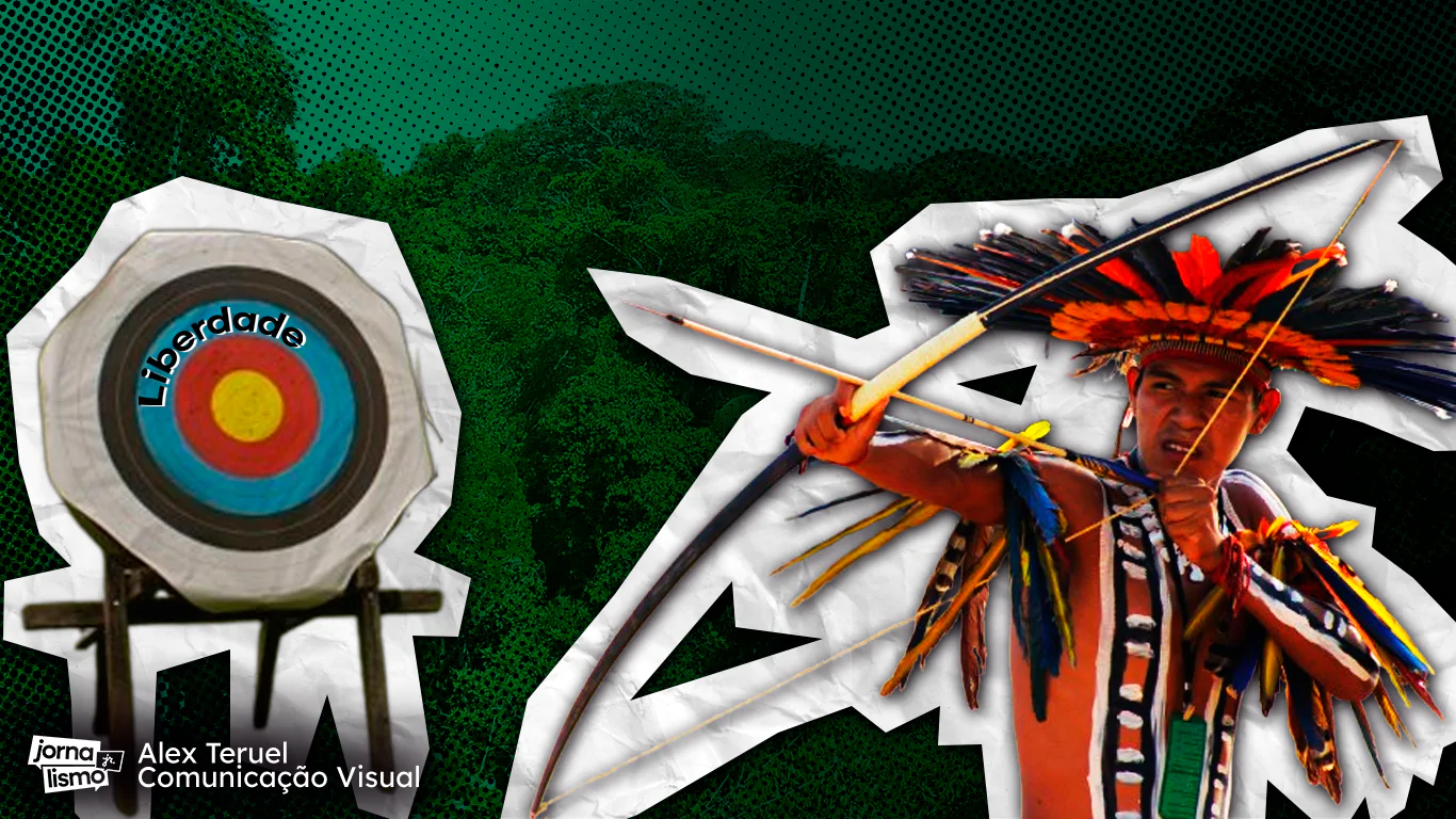 Colagem com a foto de um homem indígena atirando em um alvo escrito liberdade na frente de uma floresta