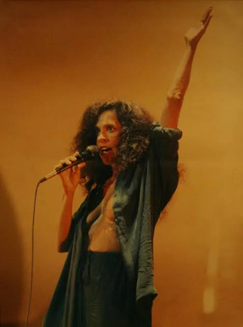 Gal Costa com seus cabelos soltos e camisa aberta, que mostra parte dos seios. O fundo é amarelo.
