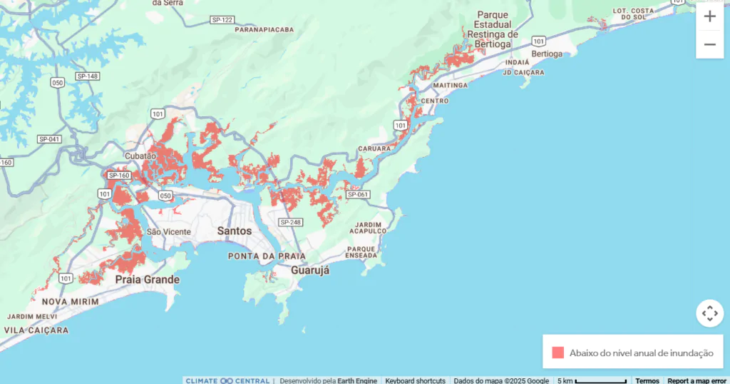 Mapa demonstrando áreas que estão abaixo do nível anual de inundação do mar