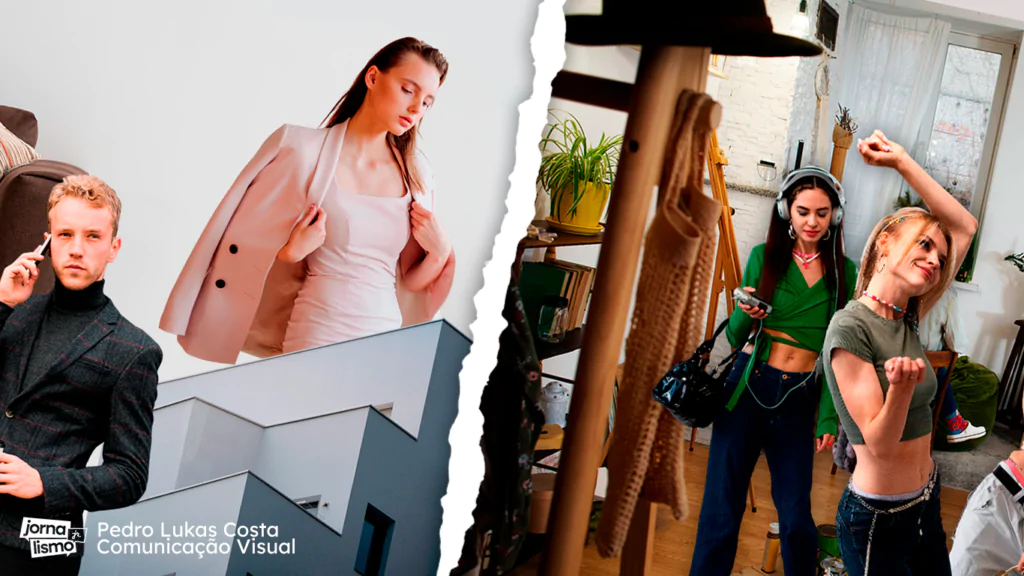 Colagem de pessoas usando roupas da estética minimalista, em contraste com outras vestindo sobreposições