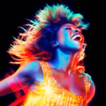 Tina Turner com cabelos ao vento e com um grande sorringo. Luzes coloridas a iluminam