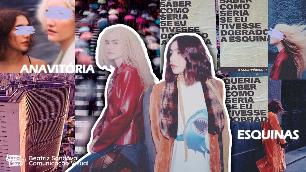 Colagem da dupla de cantoras Anavitória ao centro. No fundo, pôsteres do álbum "Esquinas" e capa do álbum com os olhos das cantoras riscados. Imagens de prédio e pessoas nas ruas com guarda-chuvas.