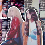 Colagem da dupla de cantoras Anavitória ao centro. No fundo, pôsteres do álbum "Esquinas" e capa do álbum com os olhos das cantoras riscados. Imagens de prédio e pessoas nas ruas com guarda-chuvas.