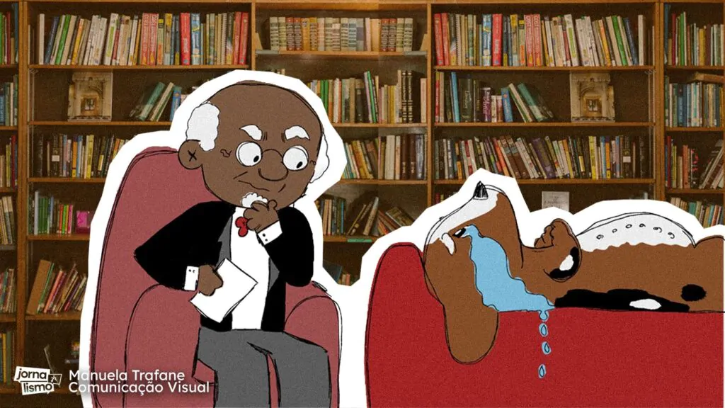 Em imagem ilustrativa terapeuta conversa com cachorro deitado em um divã, como em uma sessão de terapia.